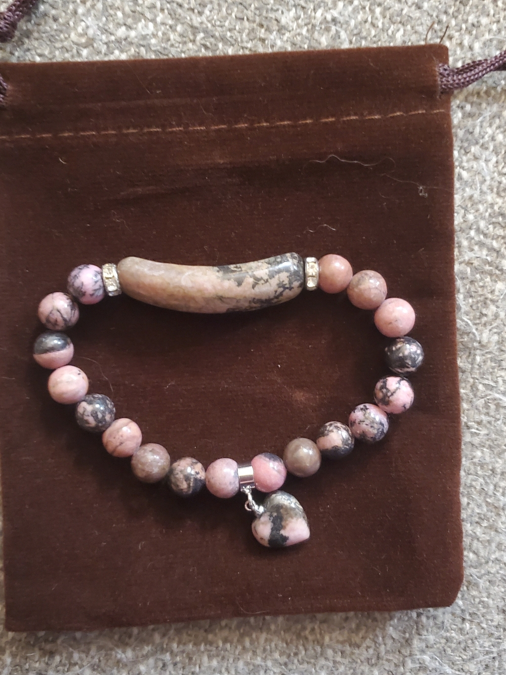 Pink Stone Beaded Bracelet with Heart Charm